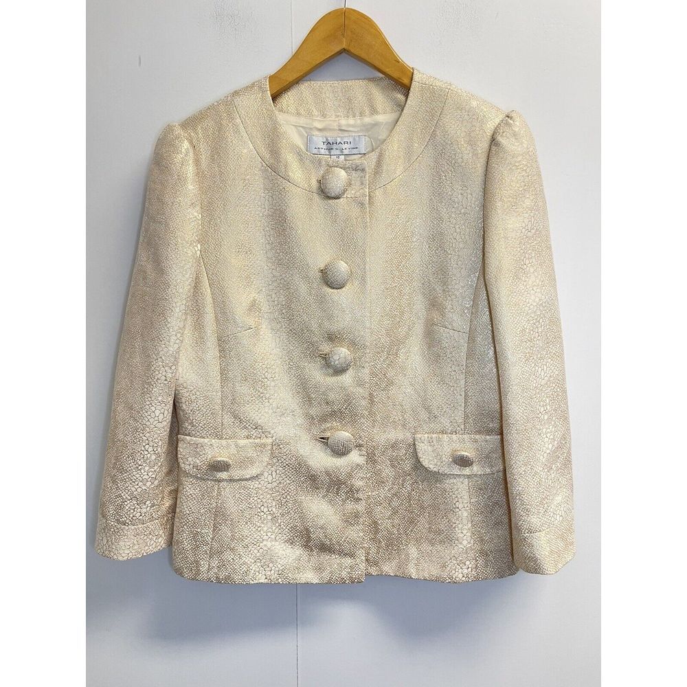 Tahari ASL Cream Metallic Textured Button Jacket